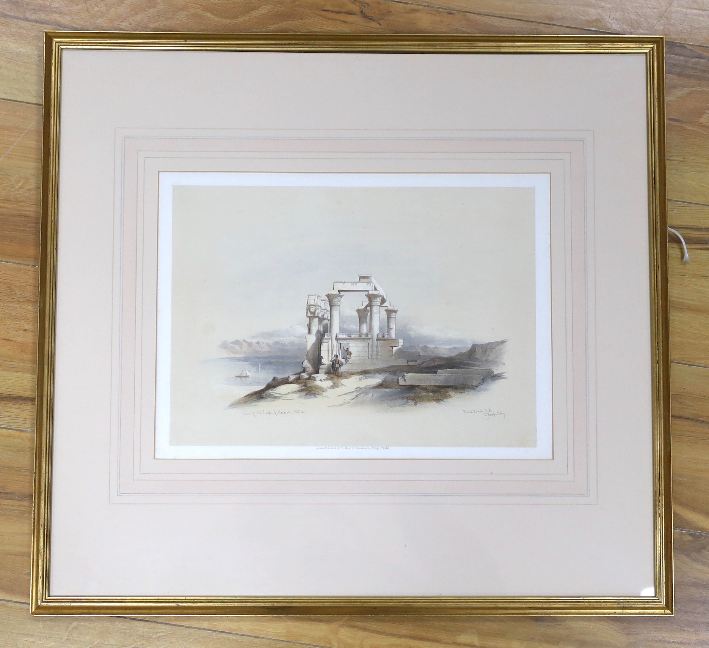 David Roberts (Scottish, 1796-1864), colour lithograph, 'Ruins of the Temple of Kardeseh, Nubia', publ. F.G. Moon, 1st July 1848, text verso, 28 x 38cm